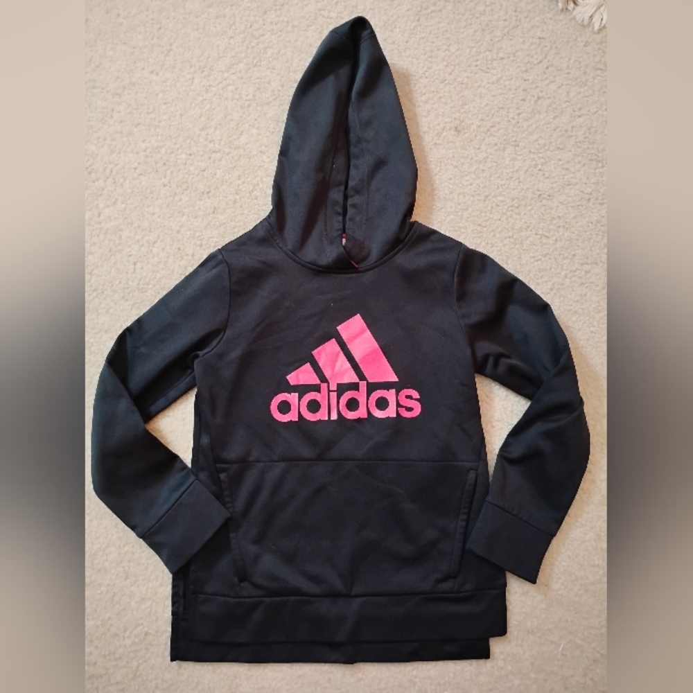 VGUC - Adidas Kids Black Fleece Hoodie with Pink Accents - Sz 10-12